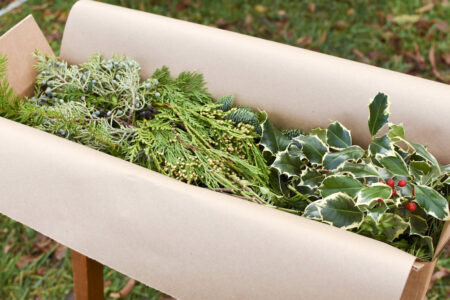 Gift box of mixed fresh Christmas greenery