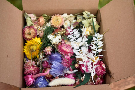 Box of mixed dried-flower blooms