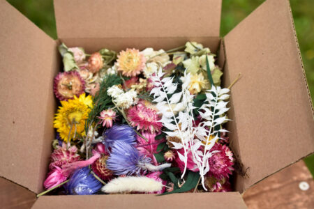 Box of mixed dried-flower blooms