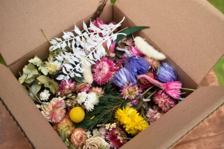 Box of mixed dried-flower blooms